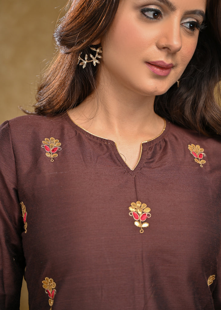 Brown Cotton Silk Top with All over Delicate Embroidery