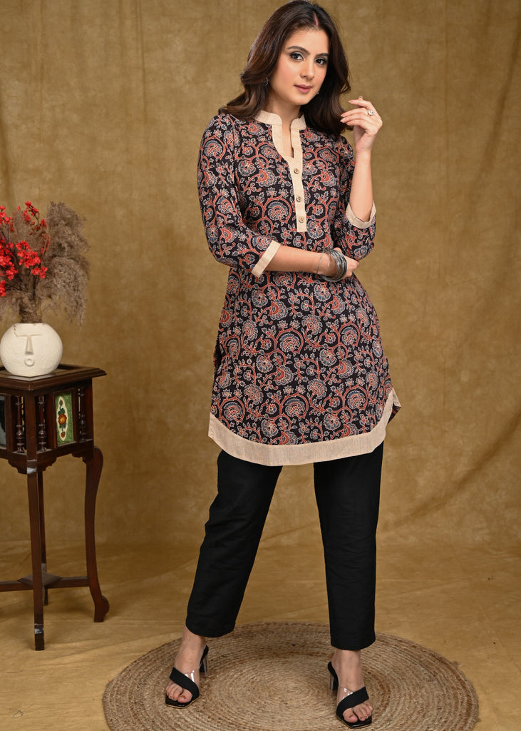 Exclusive Black Floral Cotton Ajrakh with Beige Cotton Borders