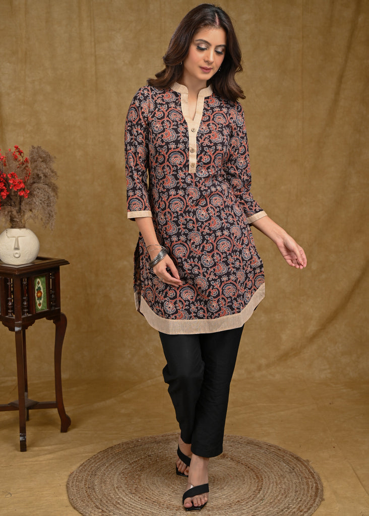 Exclusive Black Floral Cotton Ajrakh with Beige Cotton Borders
