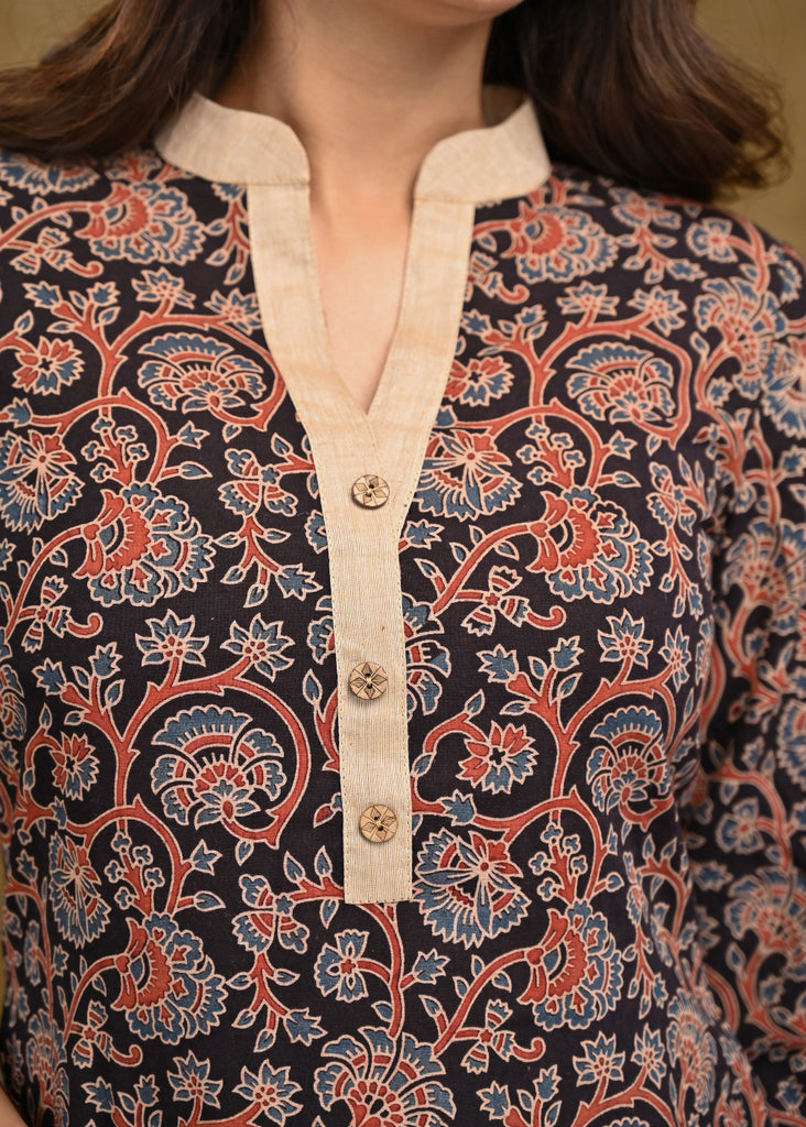 Exclusive Black Floral Cotton Ajrakh with Beige Cotton Borders