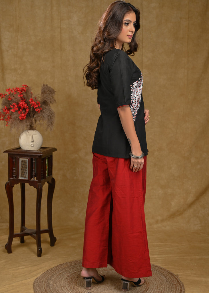 Black Cotton Silk Top with Hand Painted Waist Yoke