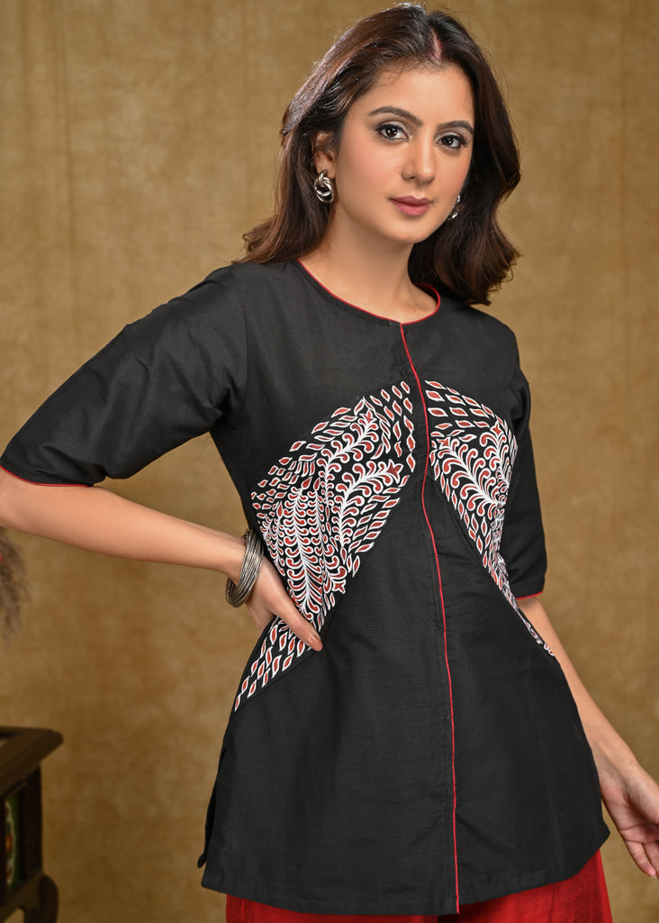 Black Cotton Silk Top with Hand Painted Waist Yoke