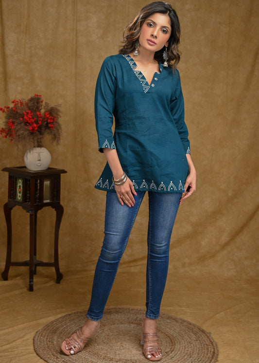 Exclusive Cotton Blue Top with Gond Painting