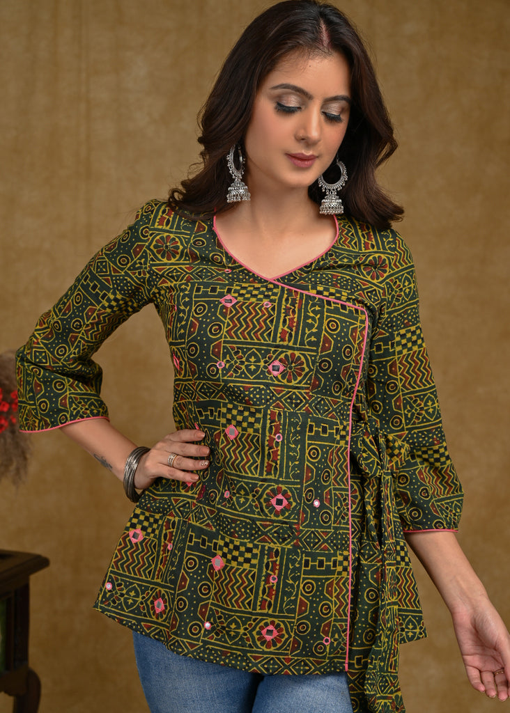 Green Ajrakh Crossover Top with Pink Mirror Work