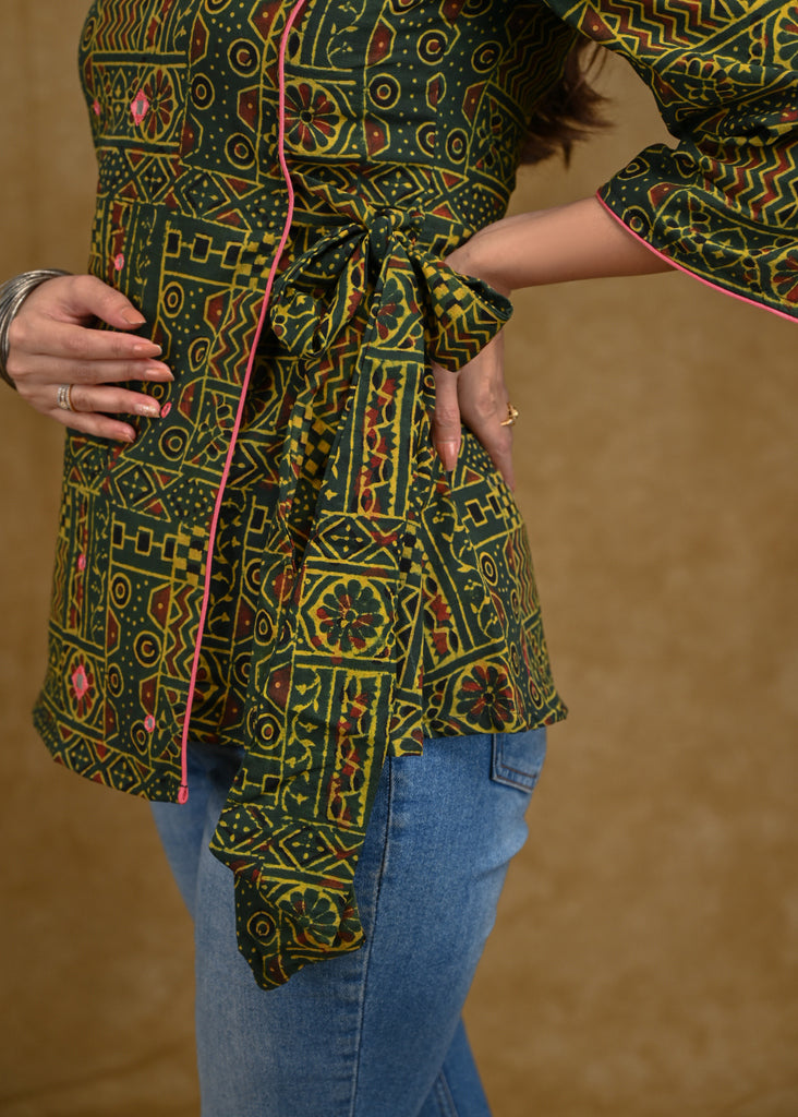 Green Ajrakh Crossover Top with Pink Mirror Work