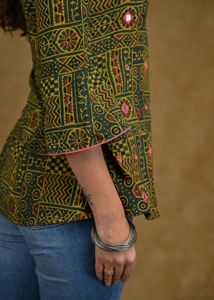 Green Ajrakh Crossover Top with Pink Mirror Work