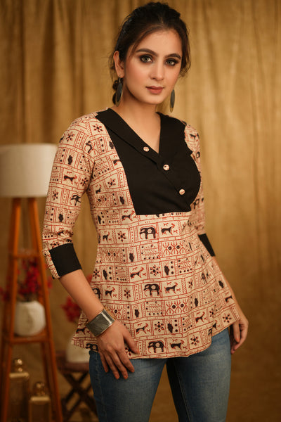 Exclusive Animal Print Top with with Black Cuffs and Wooden Buttons