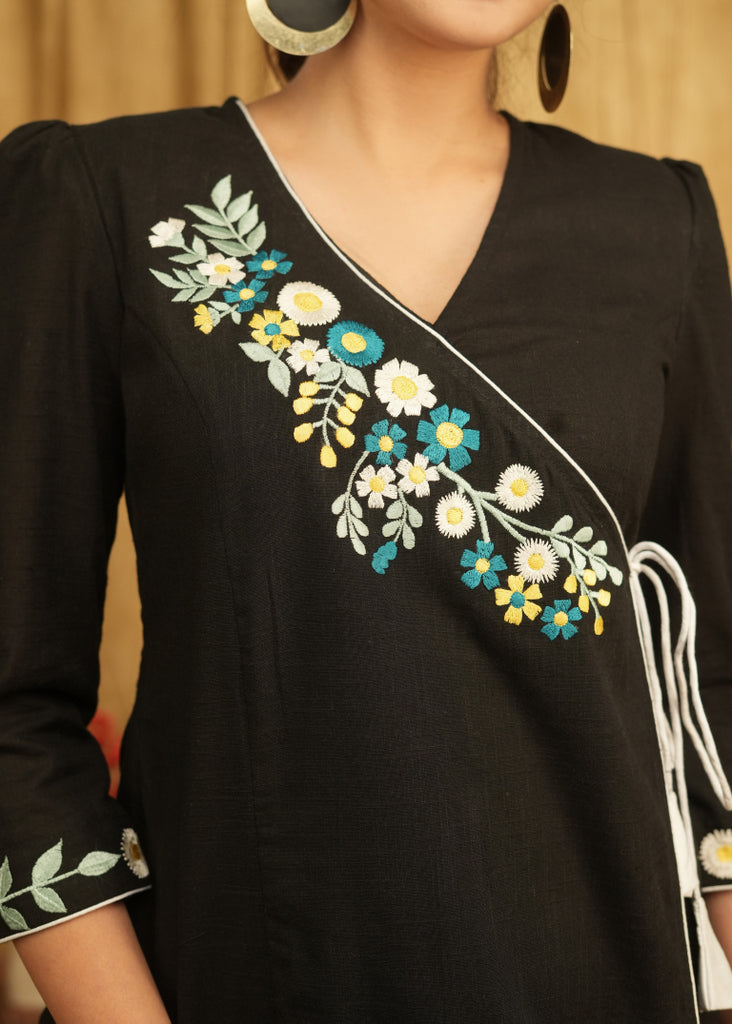 Elegant Casual Black Cotton Crossover Top with Beautiful Floral Embroidery on Yoke and Sleeves with Side Tie-Up