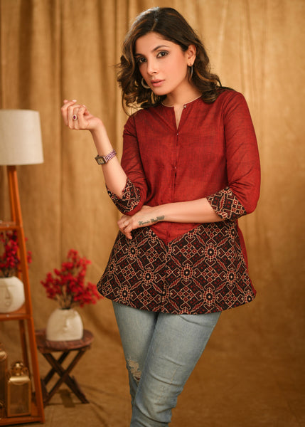 Maroon Cotton Top with Black Ajrakh Combination
