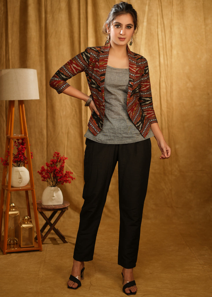 Grey Border Cotton Ikat Jacket