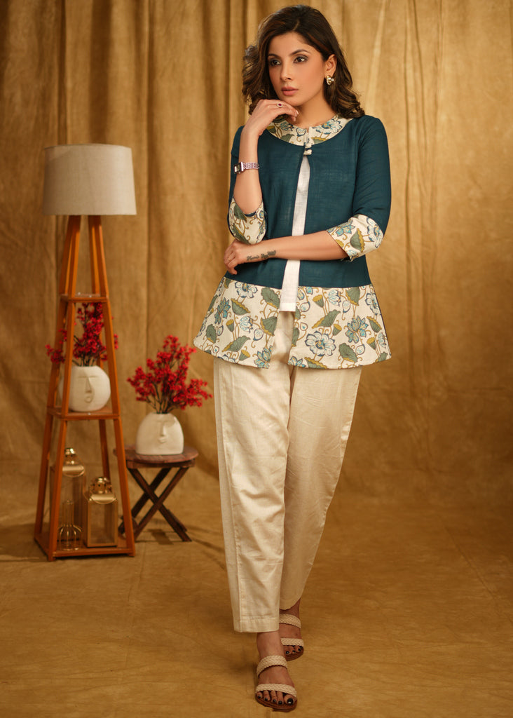 Elegant Teal Floral Printed Shrug