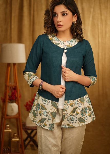 Elegant Teal Floral Printed Shrug