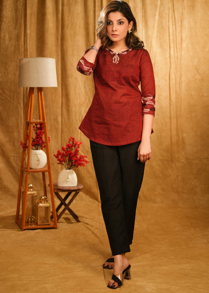 Maroon Cotton Top with Delicate Embroidery on The Neckline and Sleeves
