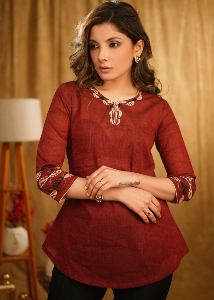 Maroon Cotton Top with Delicate Embroidery on The Neckline and Sleeves