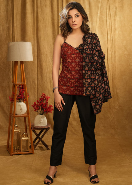 Maroon & Black Combination Ajrakh Top with Black Ajrakh Shrug