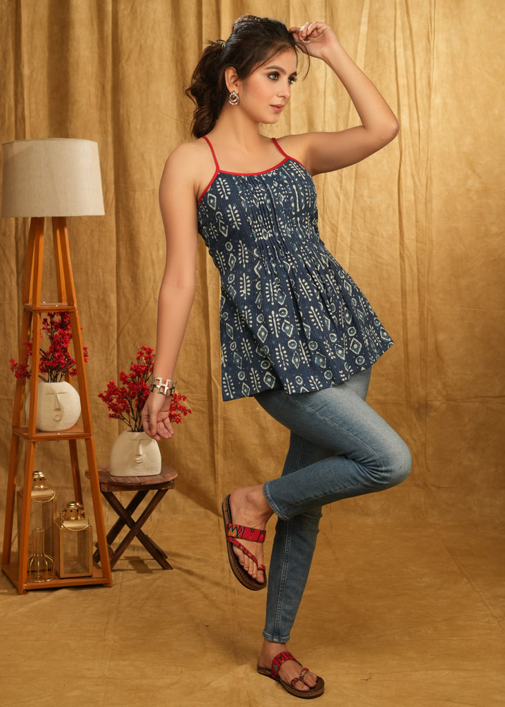 Casual Indigo Strappy Top with Pleats on Yoke