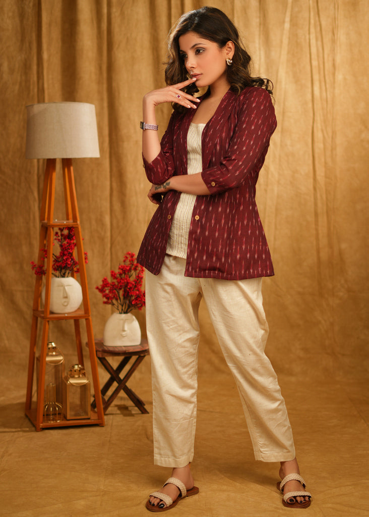 Smart Maroon Cotton Ikat Jacket