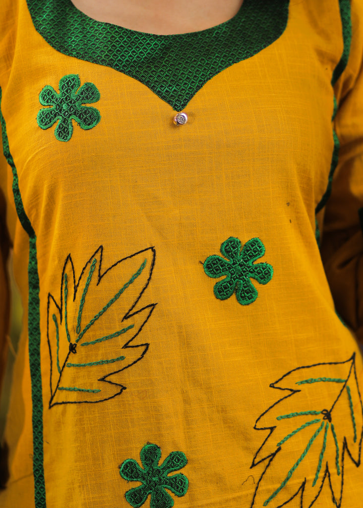 A-line Cotton Handloom kurta with Hand made Khun Flowers and Hand Embroidery