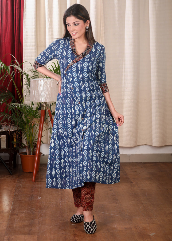 A line Cotton Indigo Kurta with Beautifully Combined Ajrakh