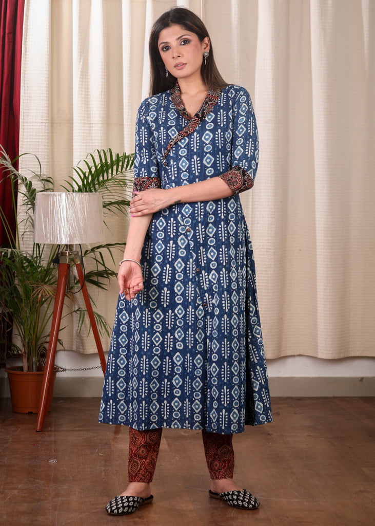 A line Cotton Indigo Kurta with Beautifully Combined Ajrakh