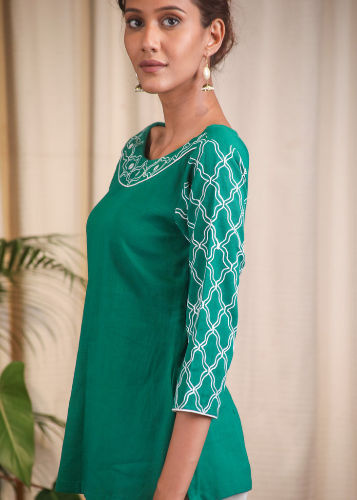 Green Cotton Top With Exquisite Embroidery On The Sleeves