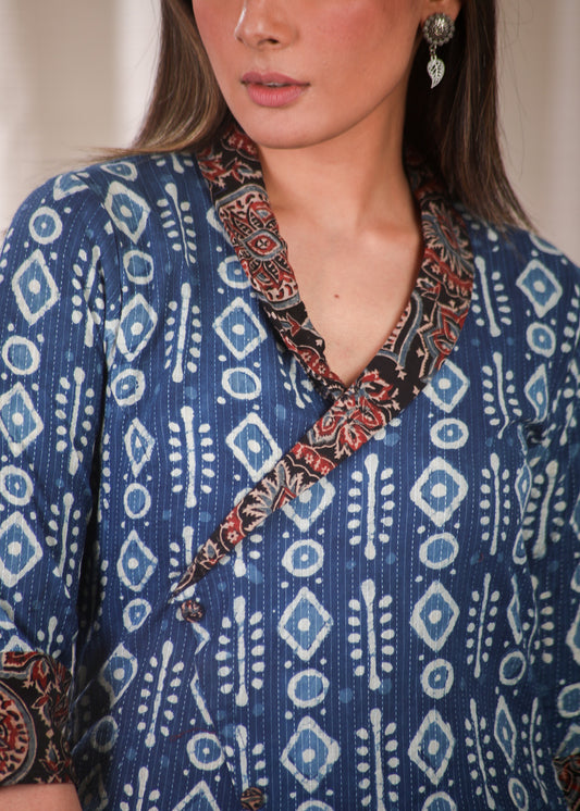 A line Cotton Indigo Kurta with Beautifully Combined Ajrakh