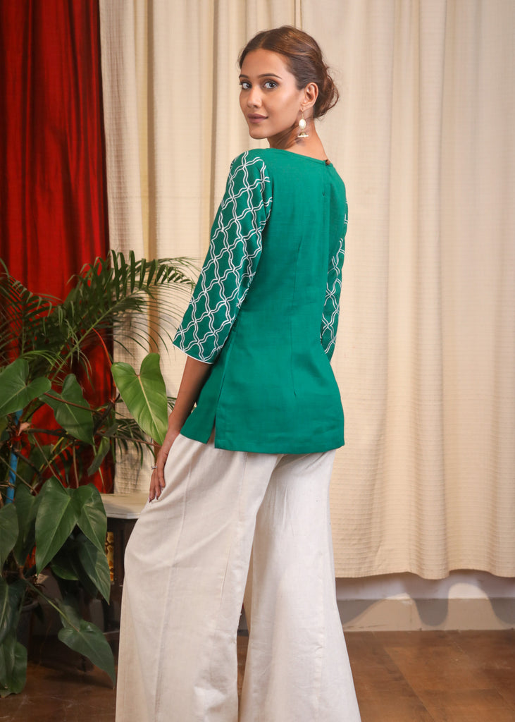 Green Cotton Top With Exquisite Embroidery On The Sleeves