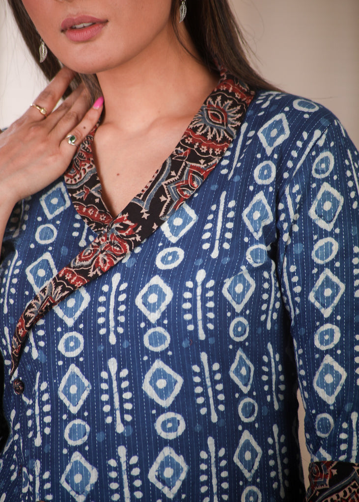 A line Cotton Indigo Kurta with Beautifully Combined Ajrakh