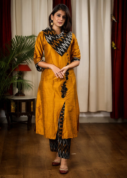 Mustard Cotton Silk Kurta With Exclusive Embroidery and Ikat Pant