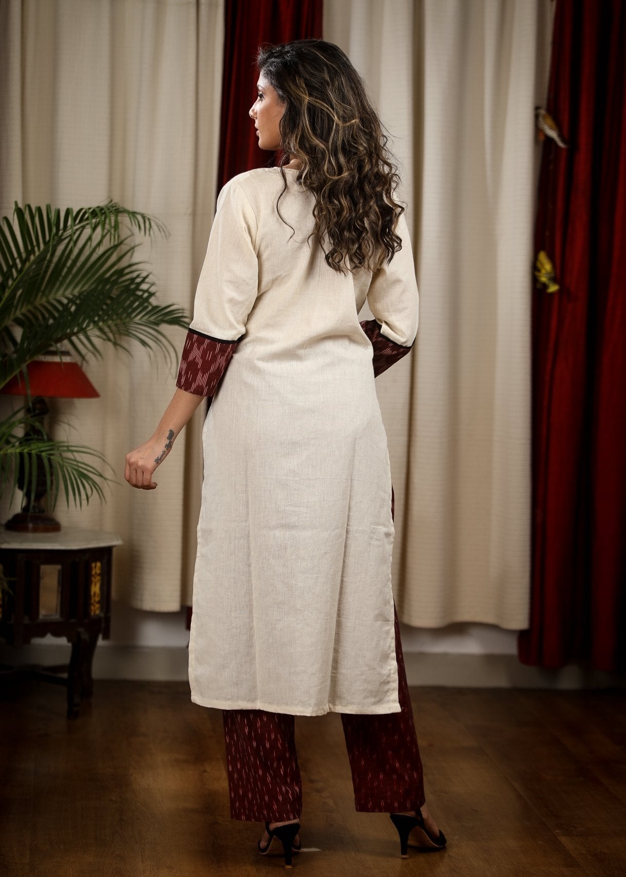 Straight Cut Cotton Handloom Kurta with Elegant Embroidery work and Ikat Details
