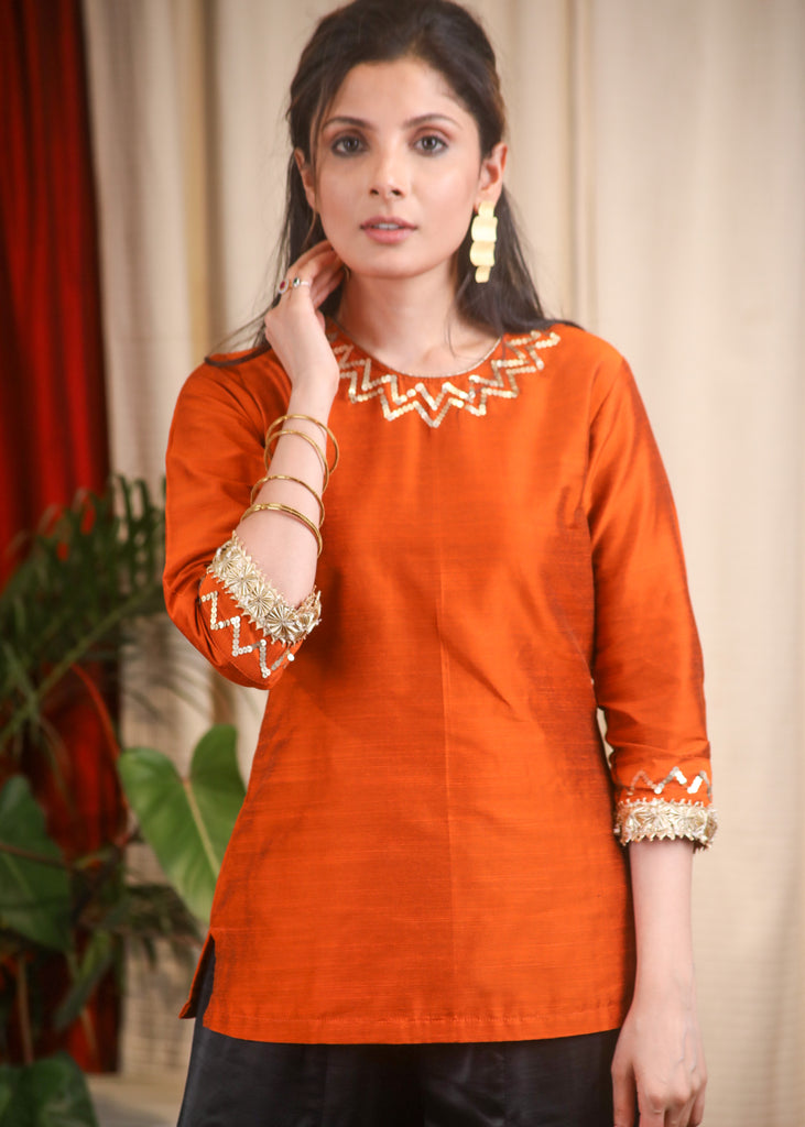 Hand Embroidered Rust Cotton Silk Top