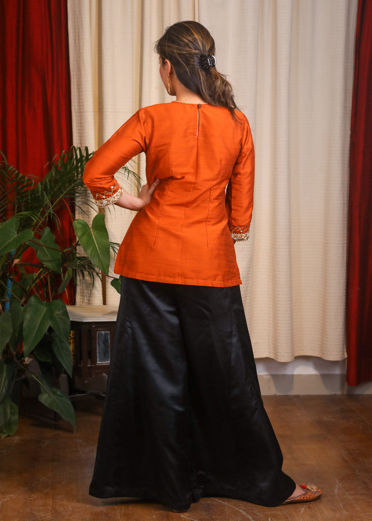 Hand Embroidered Rust Cotton Silk Top