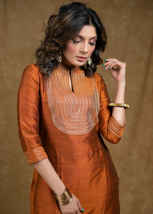 Classy Rust Cotton Silk Kurta with Unique Gold Zari Work