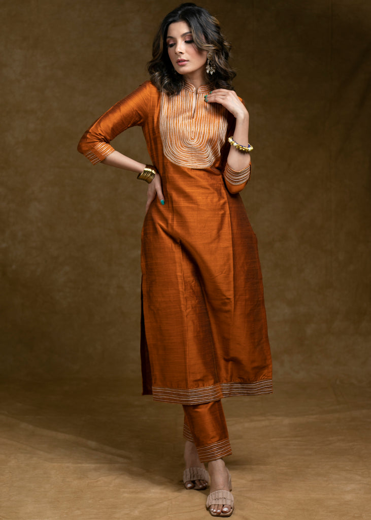 Classy Rust Cotton Silk Kurta Pant Set with Unique Gold Zari Work and Heavy Chanderi Dupatta - 3 Piece