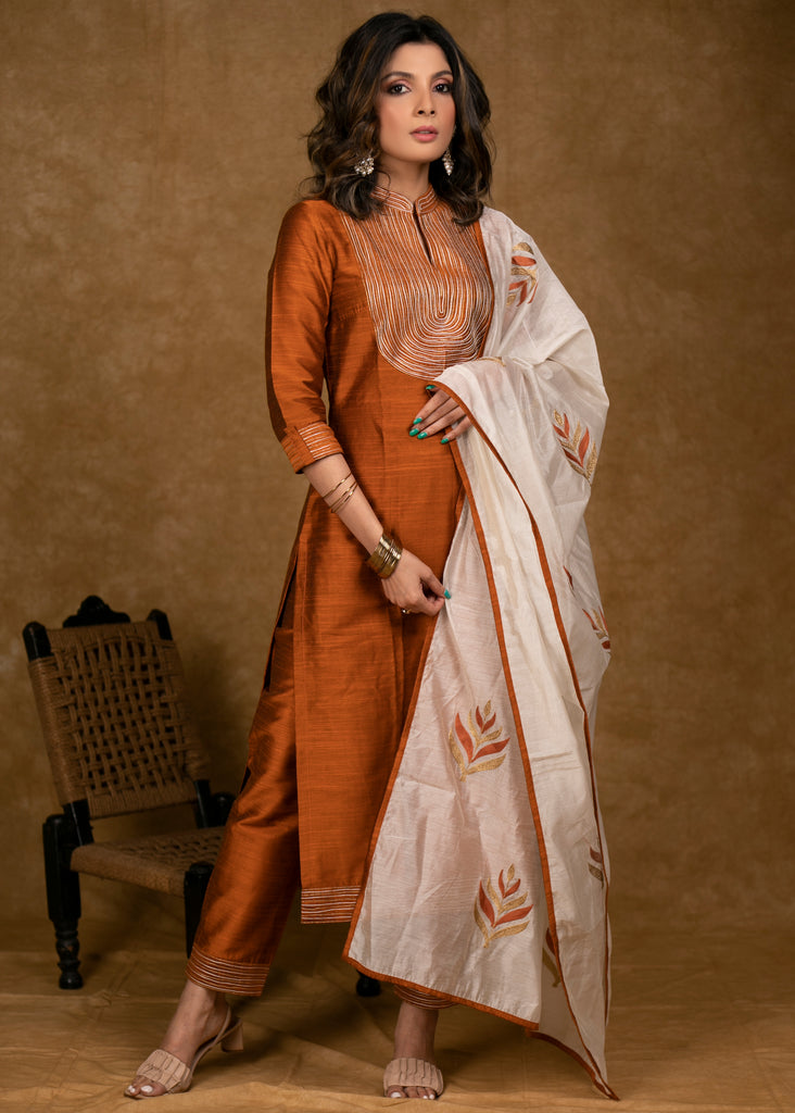 Classy Rust Cotton Silk Kurta Pant Set with Unique Gold Zari Work and Heavy Chanderi Dupatta - 3 Piece