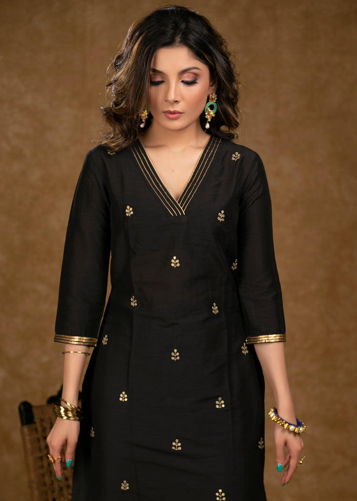 Elegant Black Cotton Silk Kurta with Overall Hand Embroidery and Green Palazzo Set - Dupatta Optional