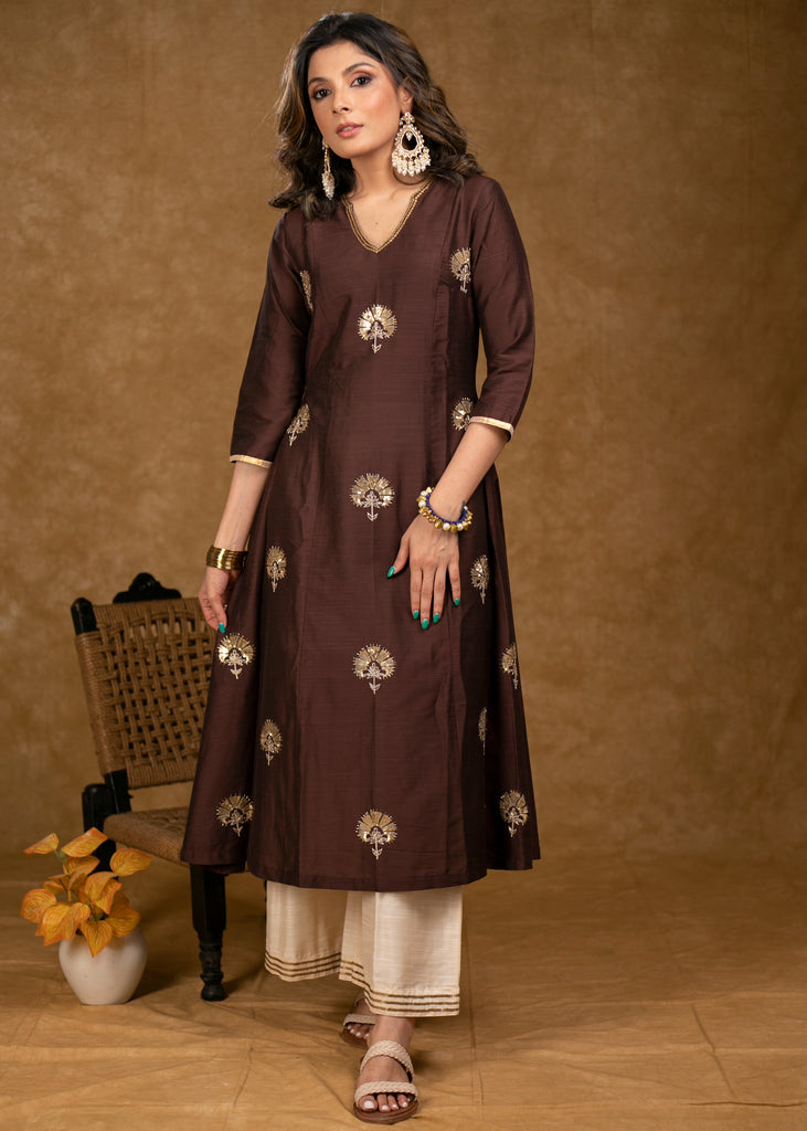 Classy Brown Cotton Silk Overall Hand Embroidered Kurta with Off-White Palazzo -Dupatta Optional