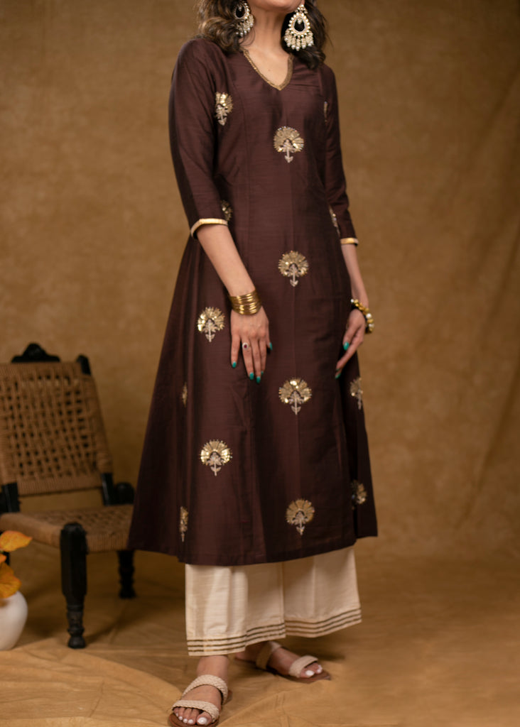 Classy Brown Cotton Silk Overall Hand Embroidered Kurta with Off-White Palazzo -Dupatta Optional