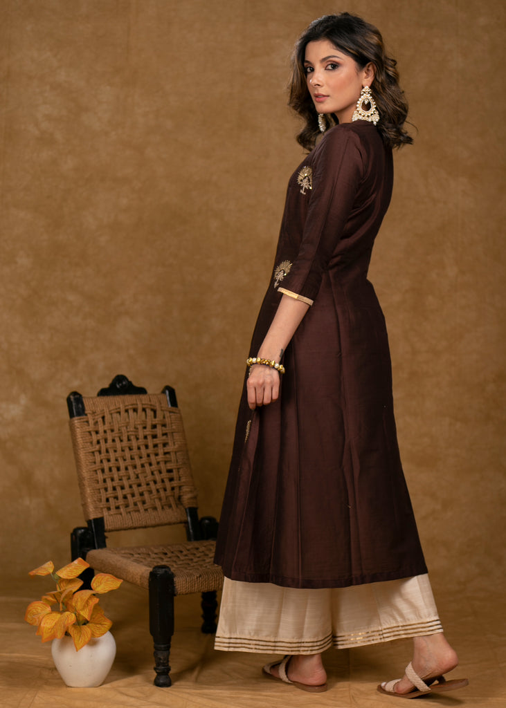 Classy Brown Cotton Silk Overall Hand Embroidered Kurta with Off-White Palazzo -Dupatta Optional