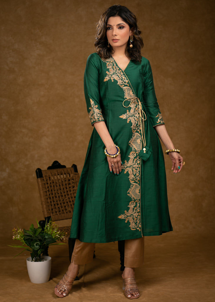 Party Wear Bottle Green Cotton Silk Cross Over Kurta with Zari Embroidery & Dupatta - Pant Optional