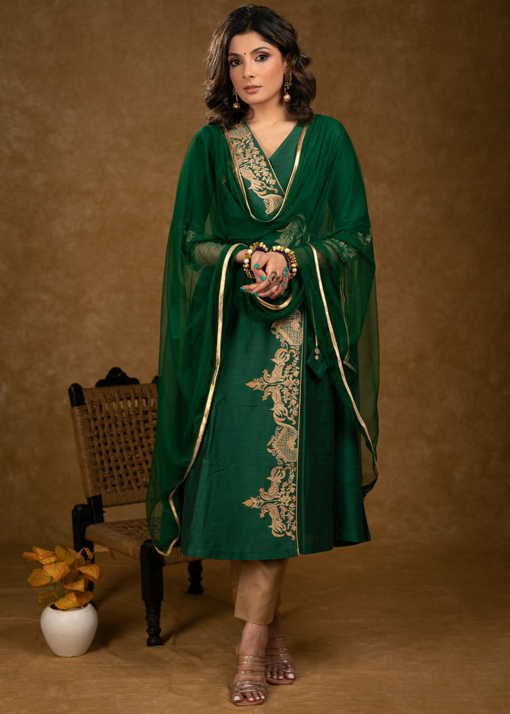 Party Wear Bottle Green Cotton Silk Cross Over Kurta with Zari Embroidery & Dupatta - Pant Optional