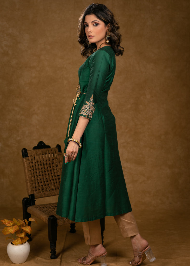 Party Wear Bottle Green Cotton Silk Cross Over Kurta with Zari Embroidery & Dupatta - Pant Optional