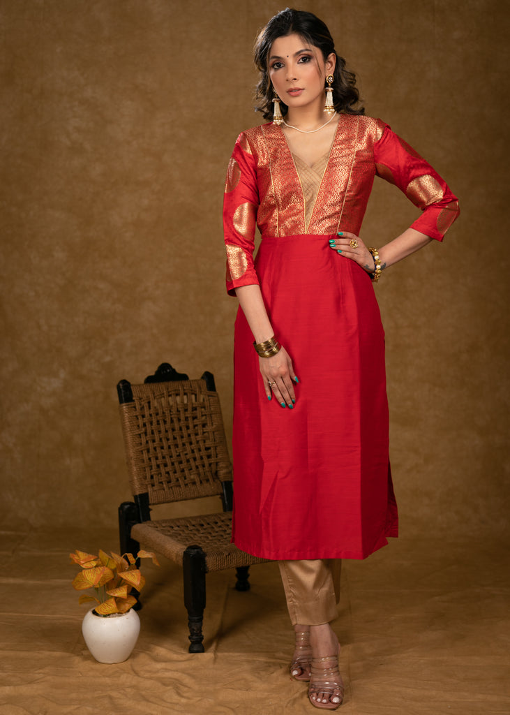 Party Wear Red Cotton Silk Kurta with Brocade Yoke and Sleeves - Pant Optional