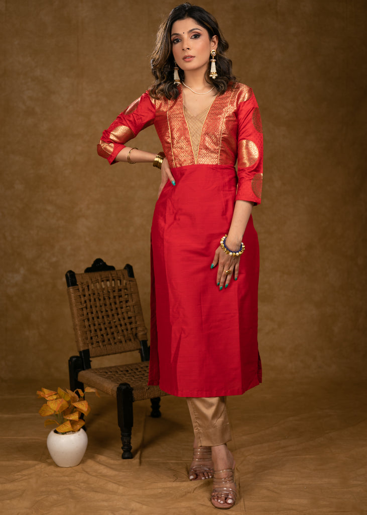 Party Wear Red Cotton Silk Kurta with Brocade Yoke and Sleeves - Pant Optional
