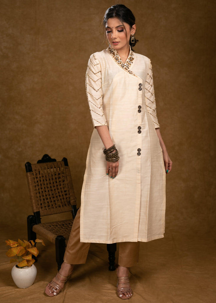 Light Beige Cotton Silk Kurta with Heavy Hand Embroidery on Collar and Sleeves - Pant Optional