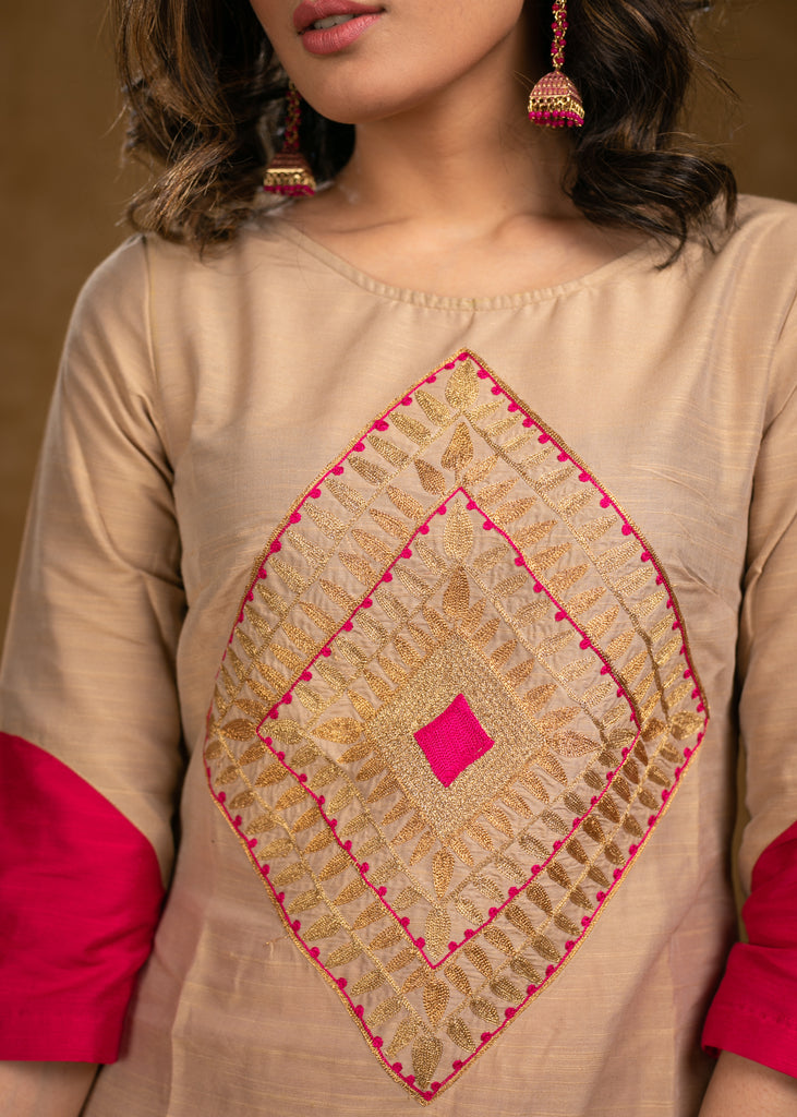Exclusive Beige Cotton Silk Kurta Highlighted with Classy Zari Work and Dupatta - Pant Optional