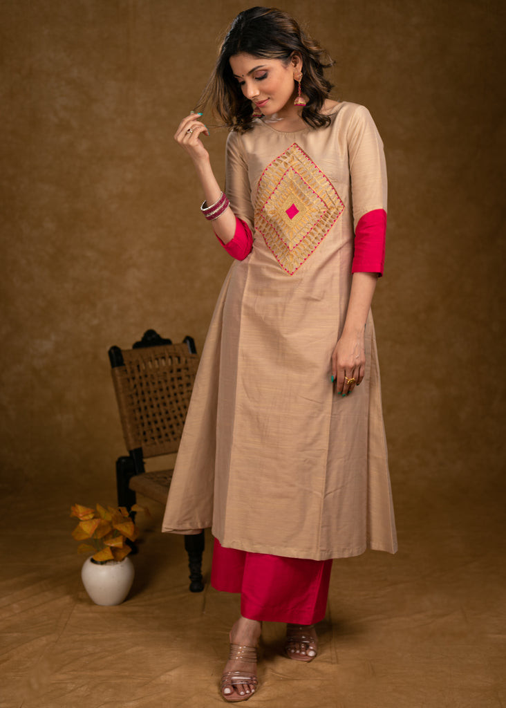 Exclusive Beige Cotton Silk Kurta Highlighted with Classy Zari Work and Dupatta - Pant Optional