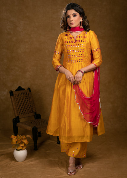 Party Wear Mango Chanderi Kurta Set with Fuchsia Pink Mirror Hand
