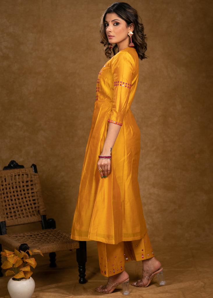 Party Wear Mango Chanderi Kurta Set with Fuchsia Pink Mirror Hand Work on Yoke, Sleeves & Palazzo - Dupatta Optional