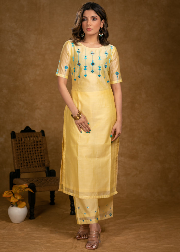 Classy Lemon Yellow Chanderi Kurta with Contrast Embroidery on Yoke and Sleeves, Dupatta and Pant Set - 3 Piece